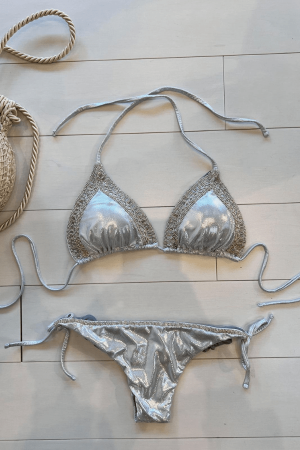 ShyleeQ Apparel & Accessories > Clothing > Swimwear Sexy Silver Metallic Beaded Triangle Top & Cheeky Tie Side Bikini 2022 Sexy ShyleeQ Swimwear Silver Metallic Beaded Bikini