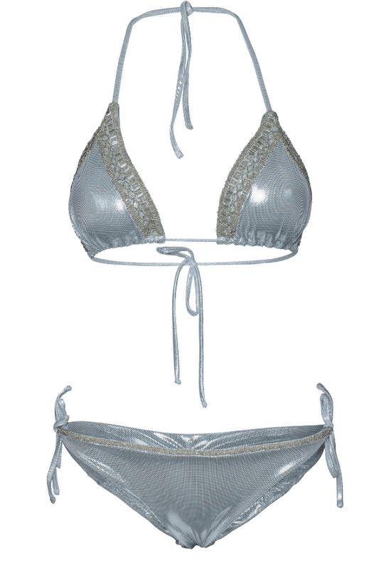 ShyleeQ Apparel & Accessories > Clothing > Swimwear Sexy Silver Metallic Beaded Triangle Top & Cheeky Tie Side Bikini 2022 Sexy ShyleeQ Swimwear Silver Metallic Beaded Bikini