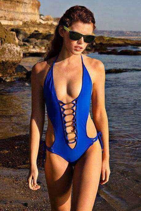 SoHot Swimwear Apparel & Accessories > Clothing > Swimwear One Size / Blue Blue Lace Up Monokini One Piece Swimsuit