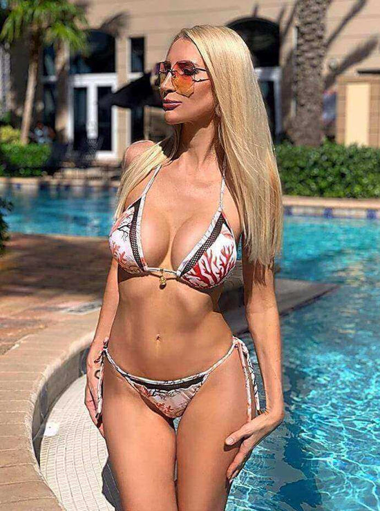 Sol e Energia Apparel & Accessories > Clothing > Swimwear White Print w/ Mesh Insert Triangle Top & Thong Bottom Set White Print Mesh Thong Swimsuit Bikini Sol E Energia Swimwear