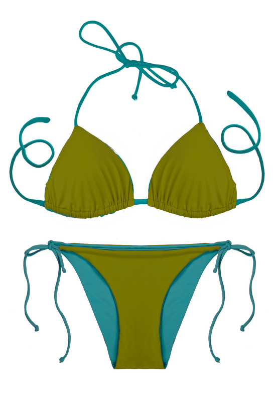 Thaikila Apparel & Accessories > Clothing > Swimwear BLUE / One Size Thaikila Curacao Reversible Triangle Top and Side Tie Brazilian Bottom Bikini Swimwear Swimsuit Set