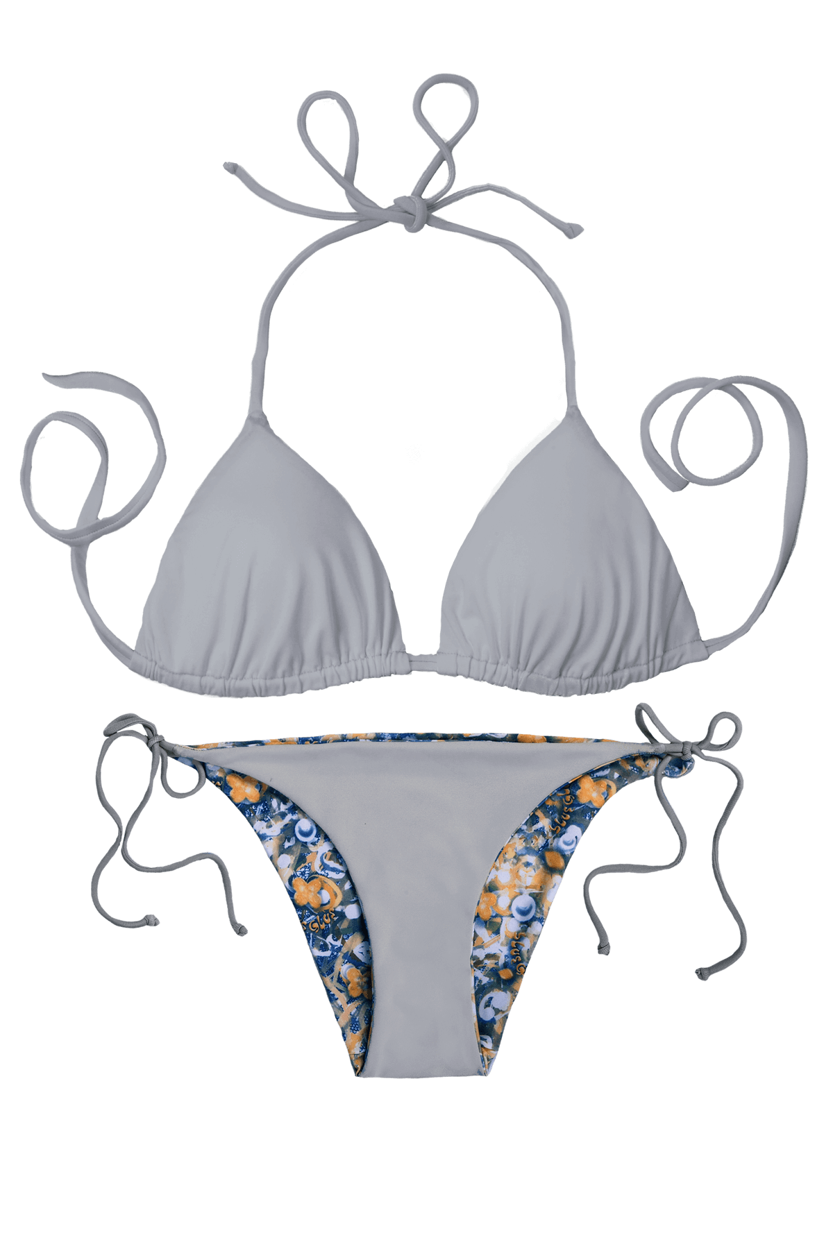 Thaikila Apparel & Accessories > Clothing > Swimwear PRINT / One Size Thaikila Brocade Reversible Triangle Top and Side Tie Brazilian Bottom Bikini Swimwear Swimsuit Set