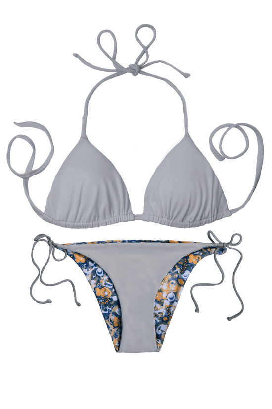 Thaikila Apparel & Accessories > Clothing > Swimwear PRINT / One Size Thaikila Brocade Reversible Triangle Top and Side Tie Brazilian Bottom Bikini Swimwear Swimsuit Set