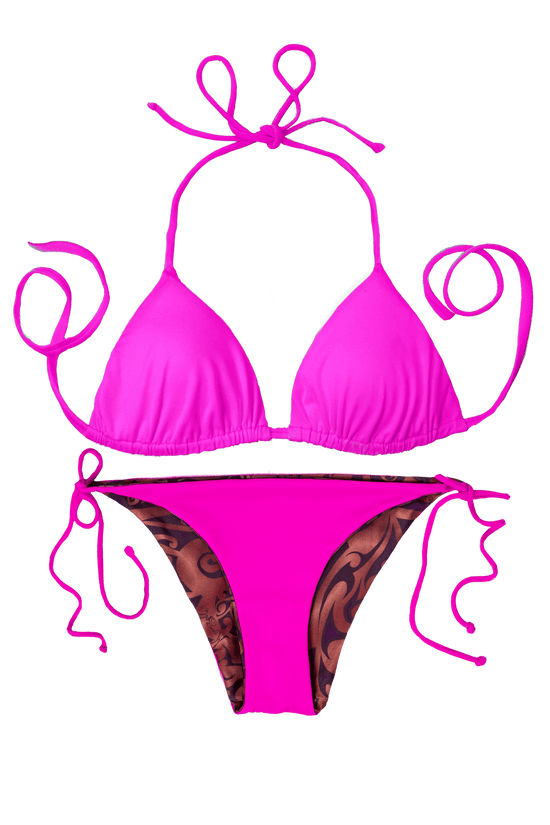 Thaikila Apparel & Accessories > Clothing > Swimwear PRINT / One Size Thaikila Ink Reversible Triangle Top and Side Tie Brazilian Bottom Bikini Swimwear Swimsuit Set